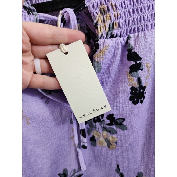 New Melloday Womens 2X Purple Floral Short Sleeve Tie Neck Smocked Blouse - Picture 7 of 7